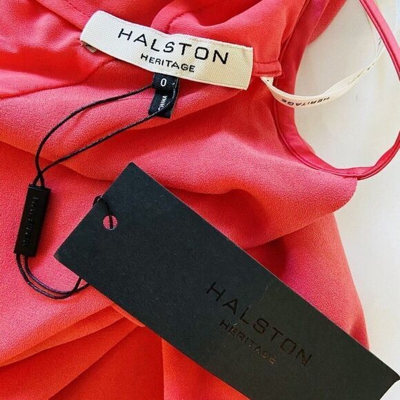 Halston Womens Midi Length Draped‎ Back with Logo Hardware Sz 0 Coral $395 NWT - Picture 5 of 9